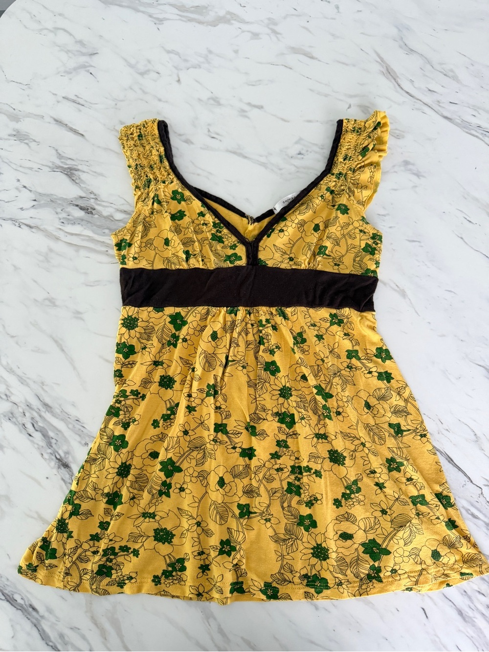 2000s Vintage Y2K Soprano Mustard Yellow Floral Empire Waist Ruffle Top